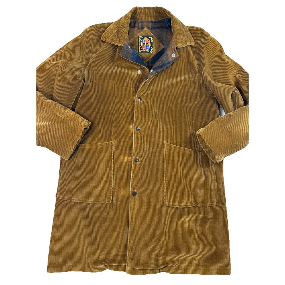 Vtg h.i.s Corduroy Barn Car Coat Jacket Brown Gold Plaid‎ Lined Grandpa Sz L